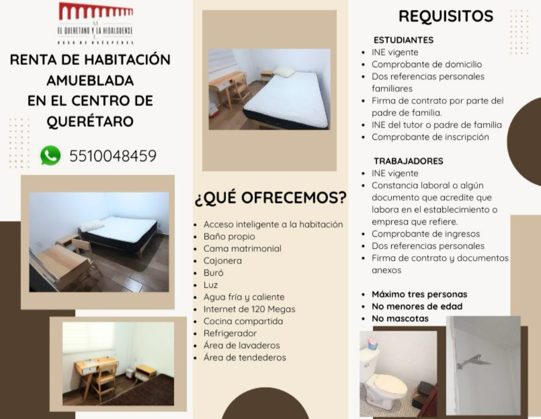 Información de renta de habitación amueblada en el centro de Querétaro